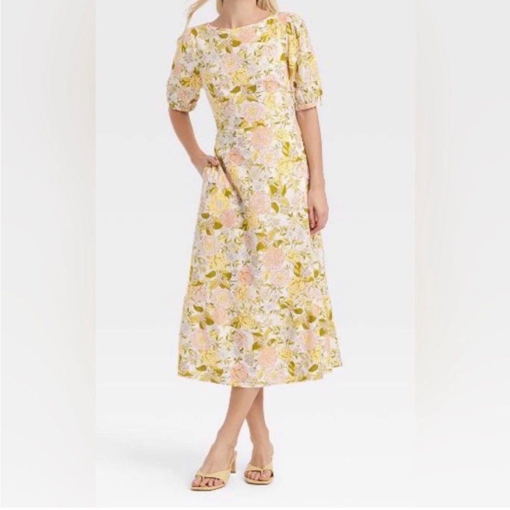 Who What Wear Floral Midi Dress in Yellow and Pink